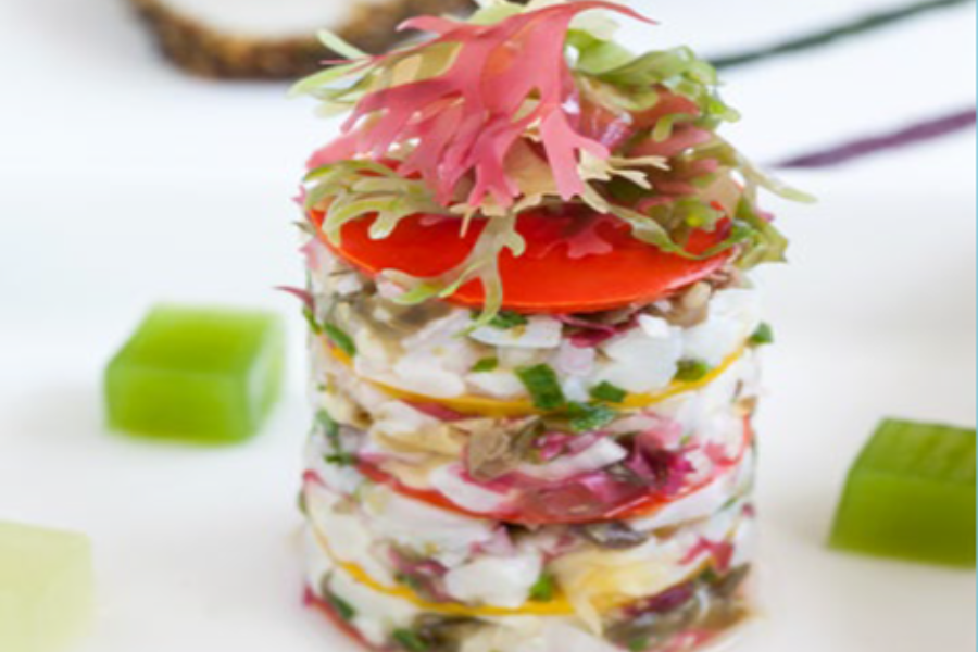 Scallop Tartar with Hana Tsunomata®, Red and Yellow Pepper, and Cucumber Gelées